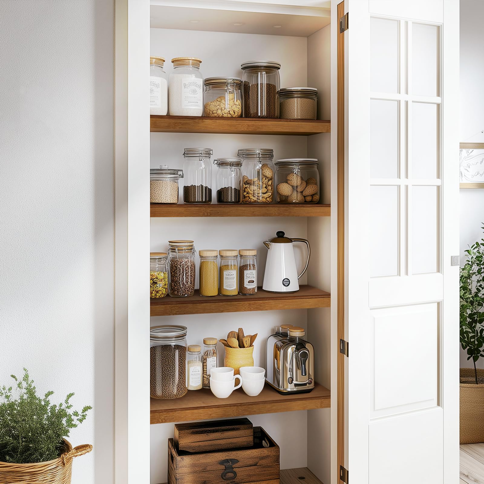 Gashell closet shelving styled with folded linens to enhance organization
