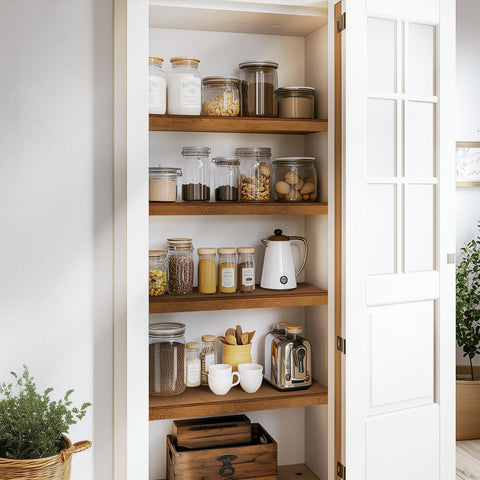 Gashell closet shelving styled with folded linens to enhance organization