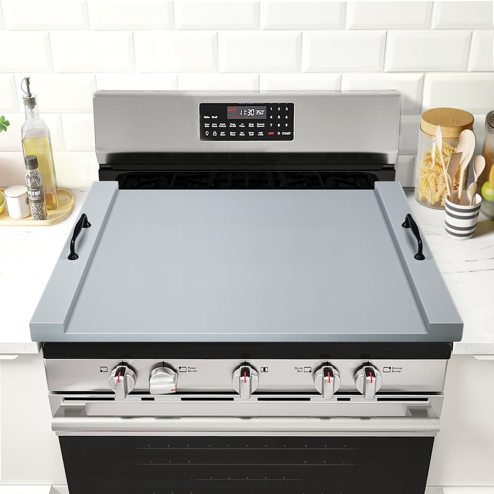Gashell noodle board front view showing full stovetop cover and farmhouse look
