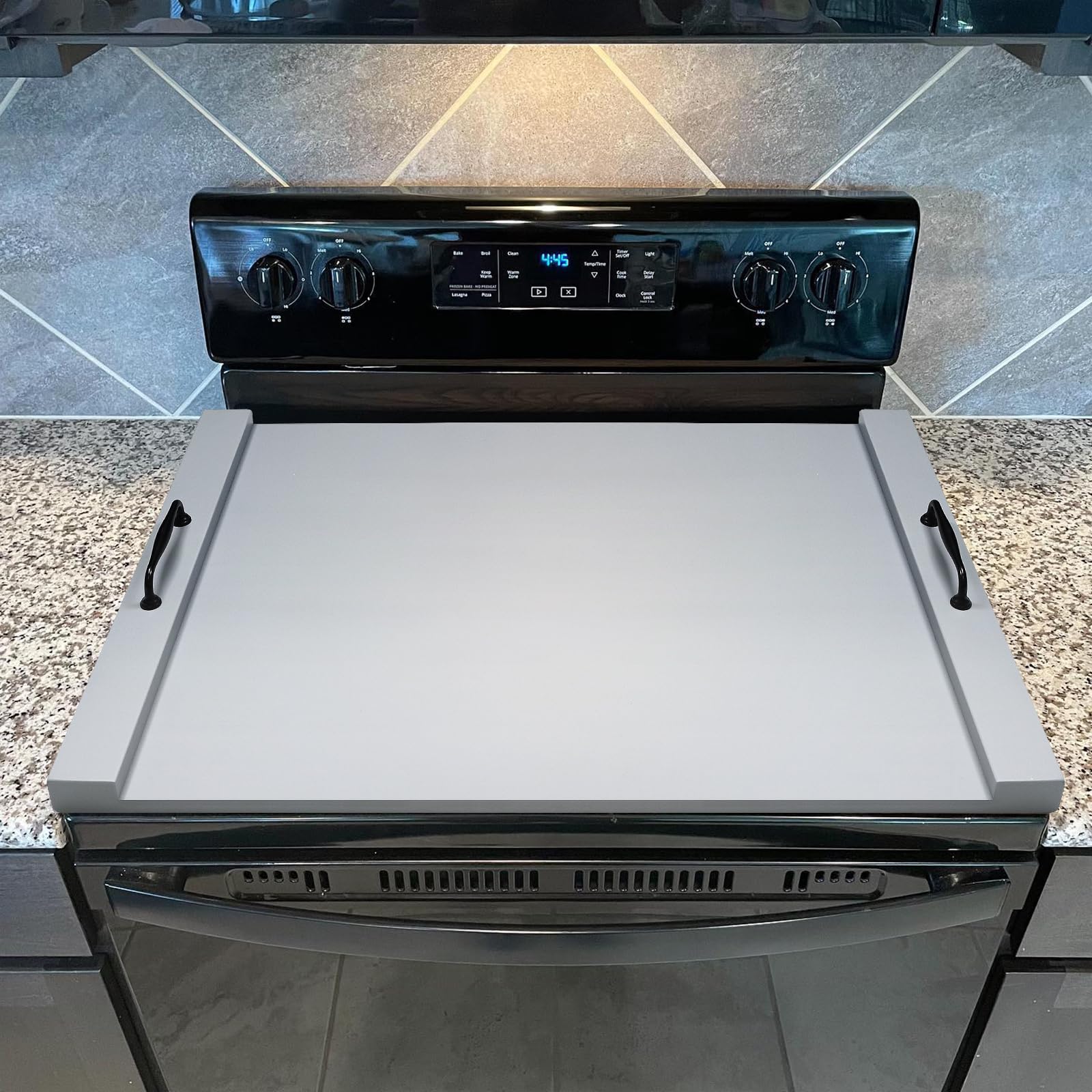 Gashell noodle board in use as prep surface on compact kitchen stove