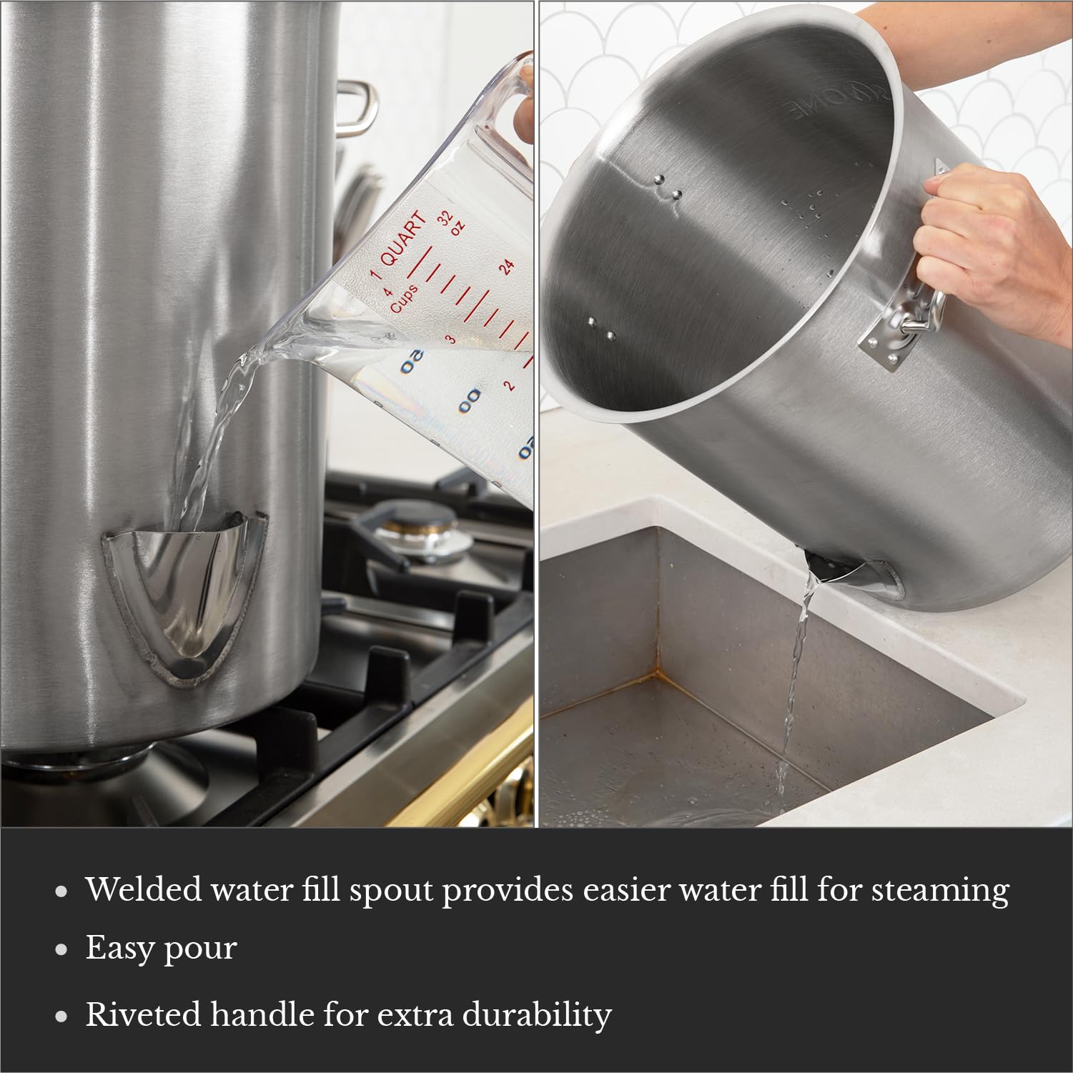 Gas One lid and riveted handle close-up showing sturdy, secure grip