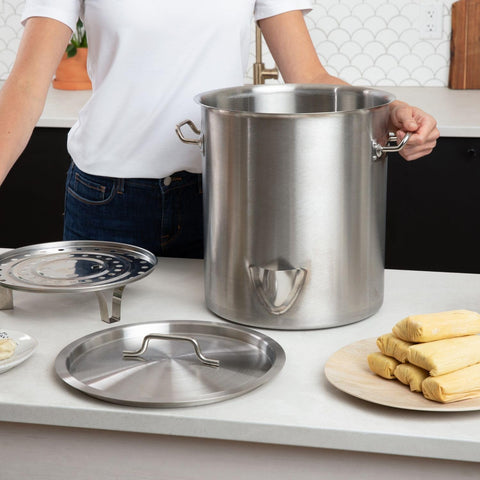 Gas One steamer next to saucepan for scale, showing generous 20qt capacity