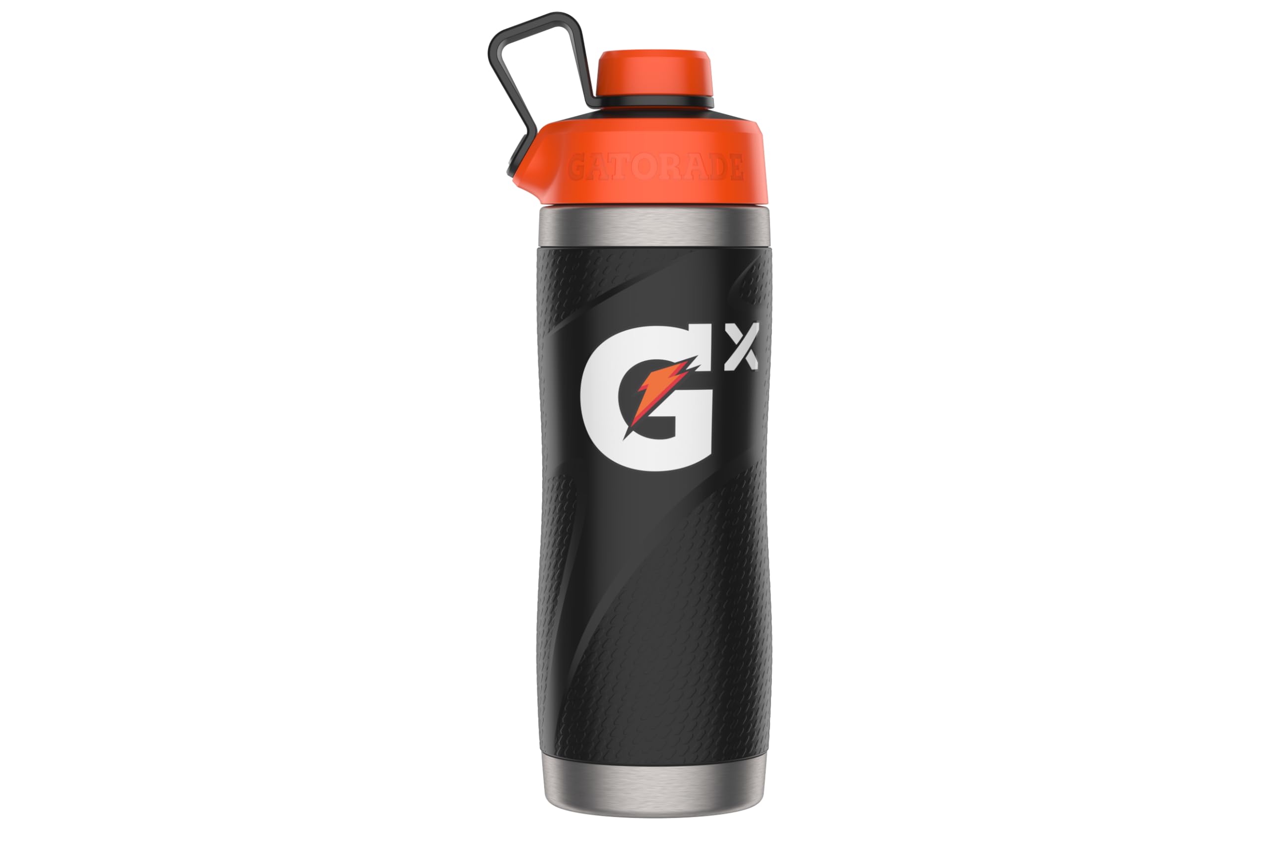 Gatorade stainless steel bottle front view showing sleek black finish and logo benefit: durable hydration