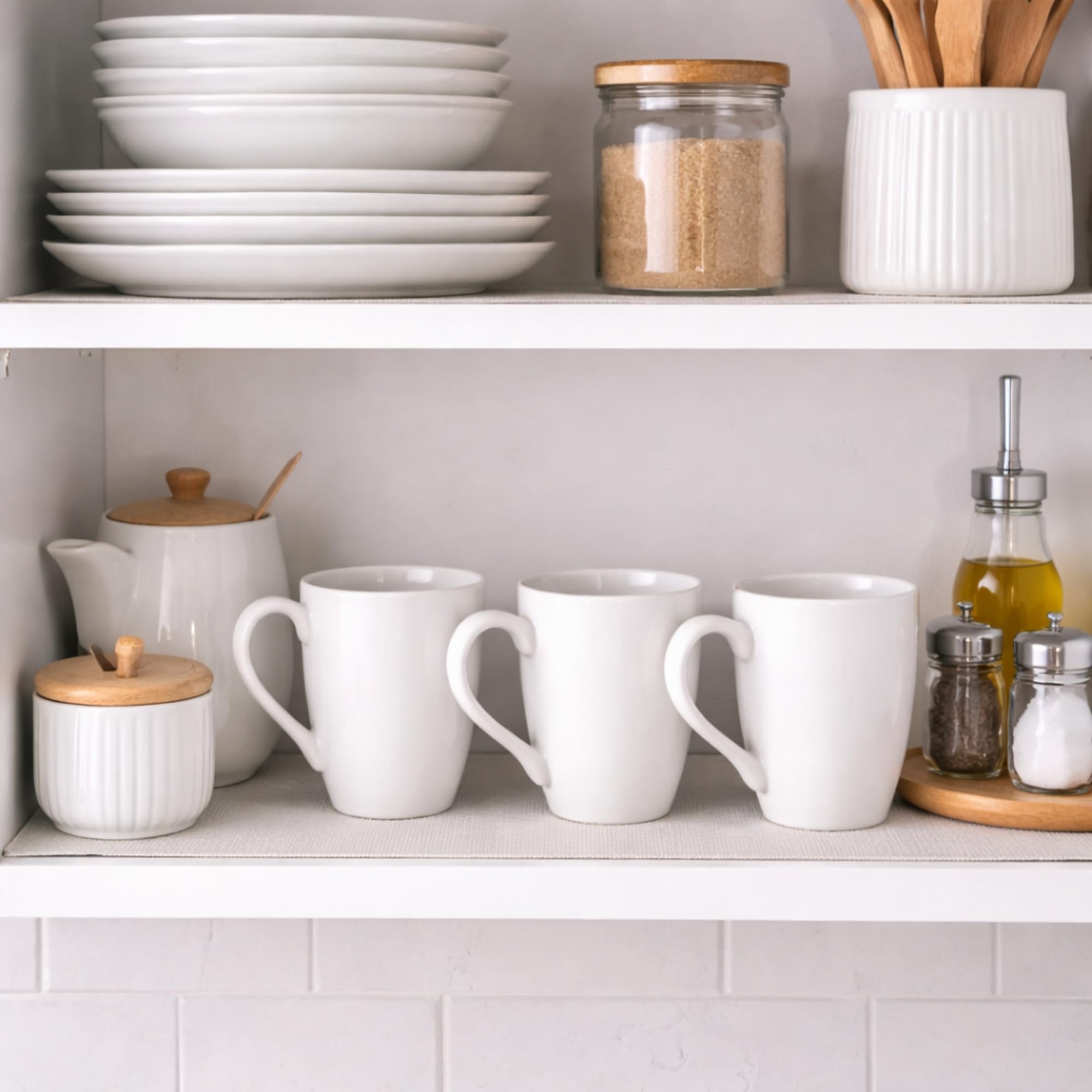 GBhome mugs stacked in cupboard showing space-saving storage