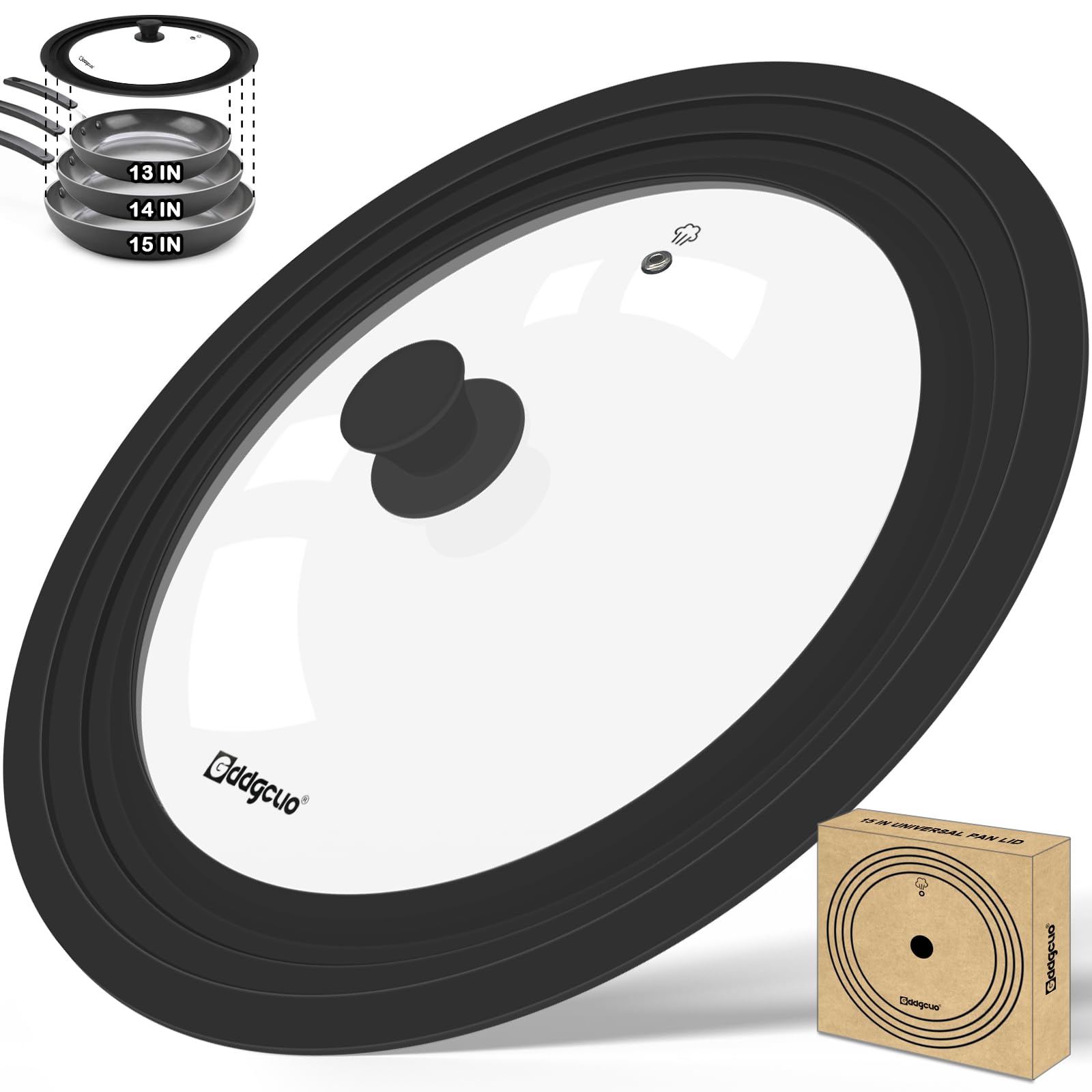 GDDGCUO front view glass lid showing clarity and universal fit benefit