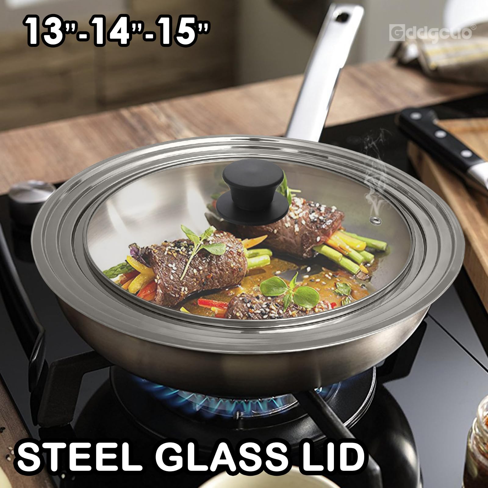 GDDGCUO lid fitted on a cast iron skillet showing compatible use and even coverage