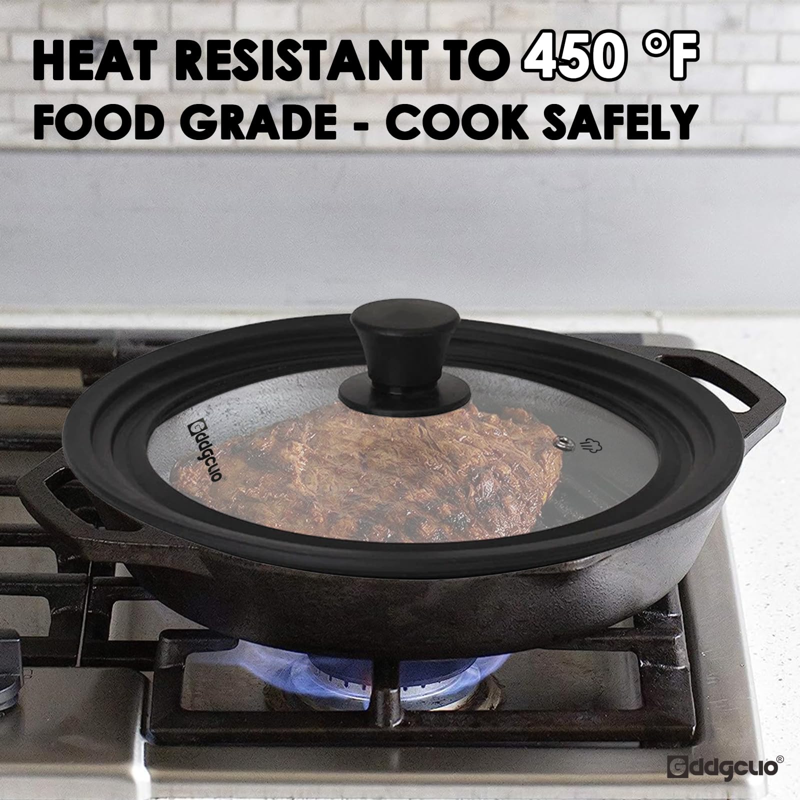 GDDGCUO lid on cast iron skillet demonstrating steam control and visibility