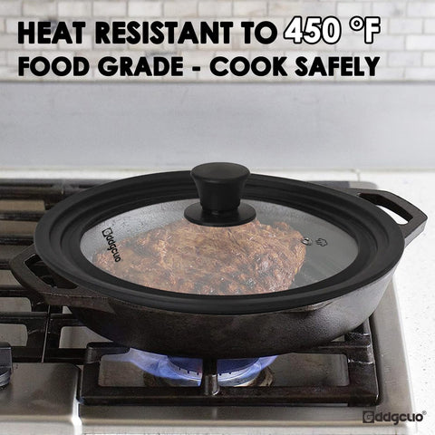 GDDGCUO lid on cast iron skillet demonstrating steam control and visibility