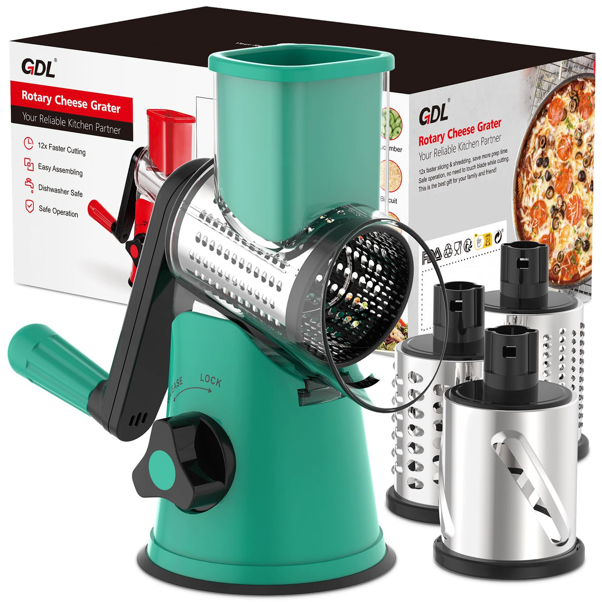 GDL grater front view showing compact design and stable base for faster prep