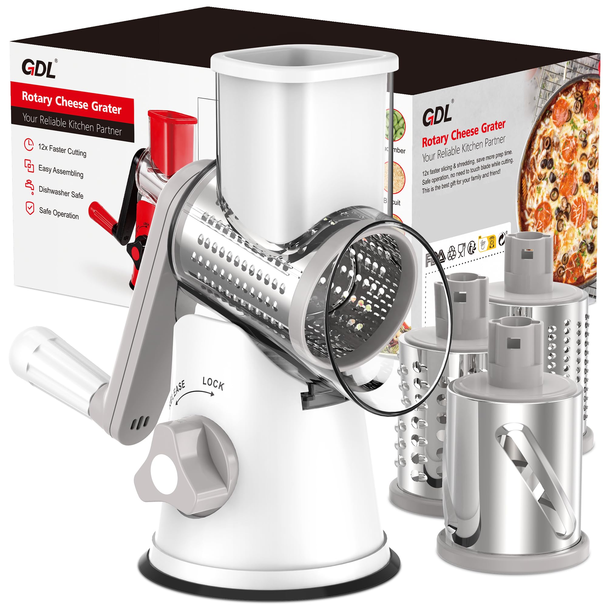 GDL rotary grater front view showing compact design and benefit of countertop speed