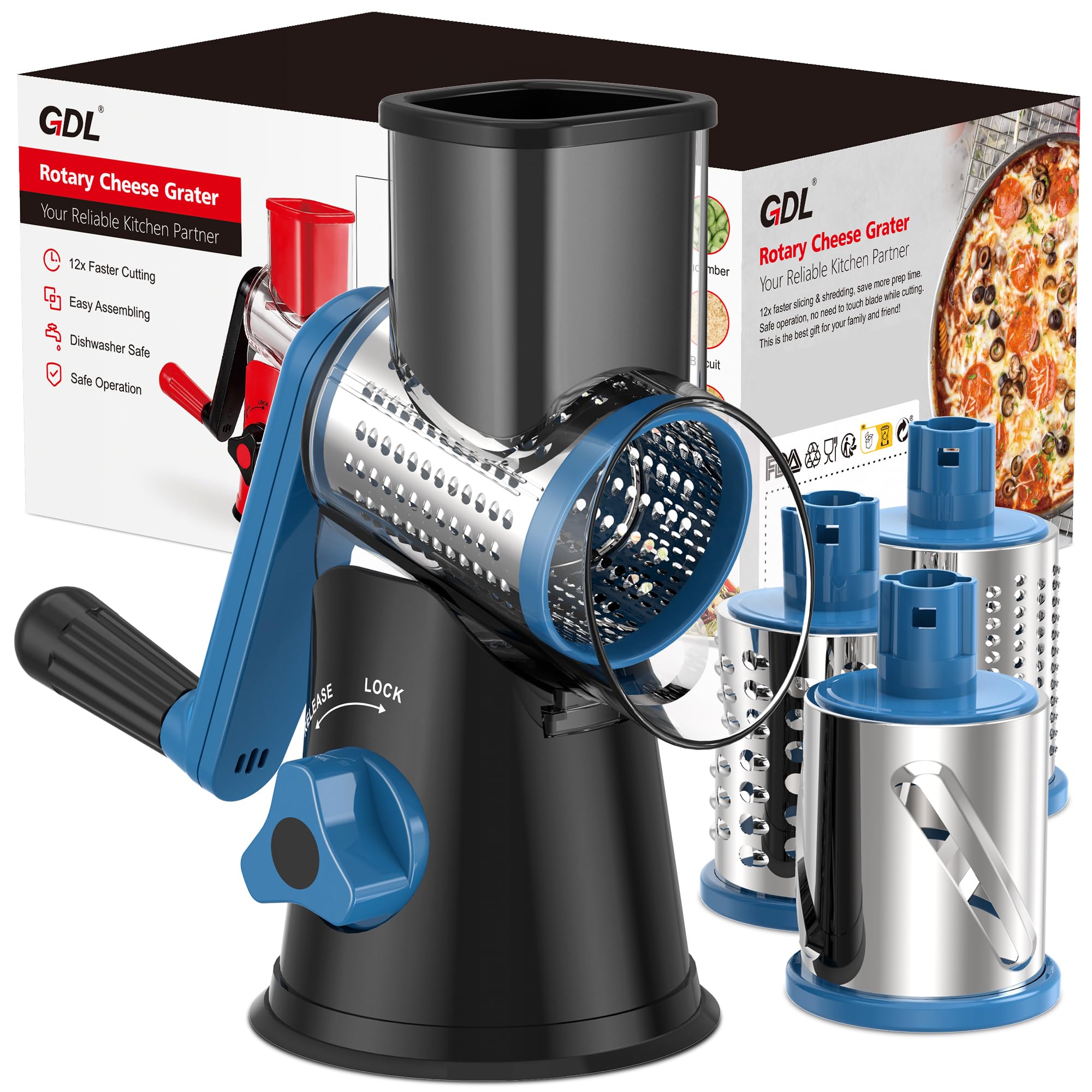 GDL rotary grater front view showing compact design and hopper benefit of space-saving