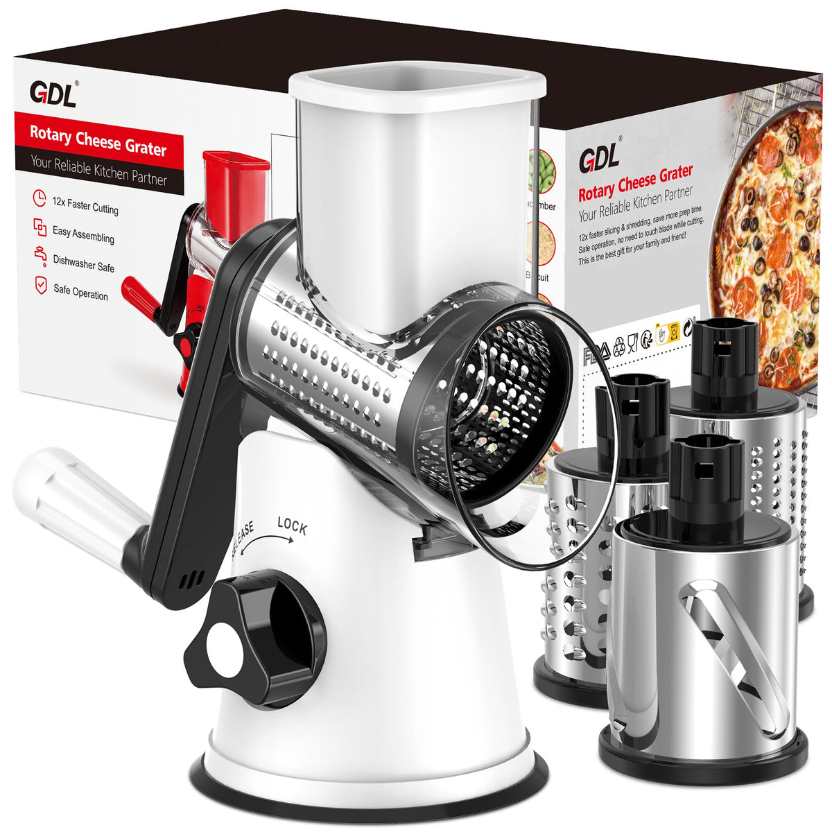 GDL rotary grater front view showing compact design and sturdy base benefit