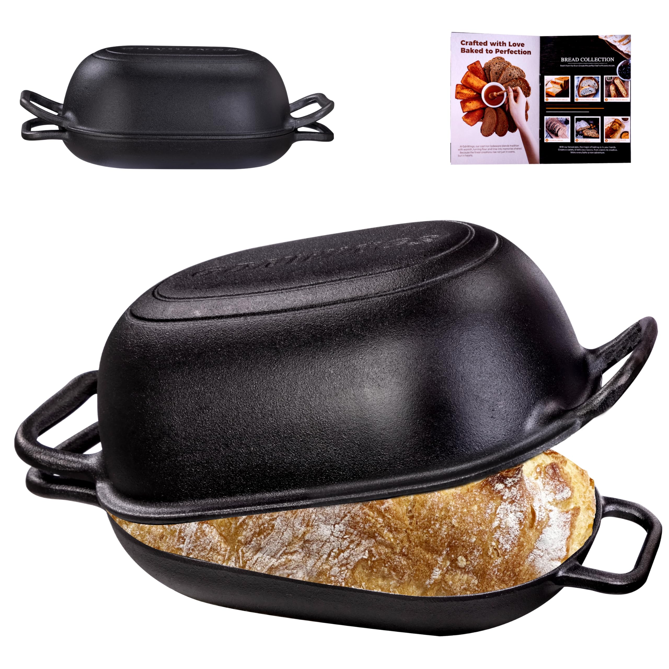 GdnWings front view showing oval Dutch oven and lid, highlights even baking