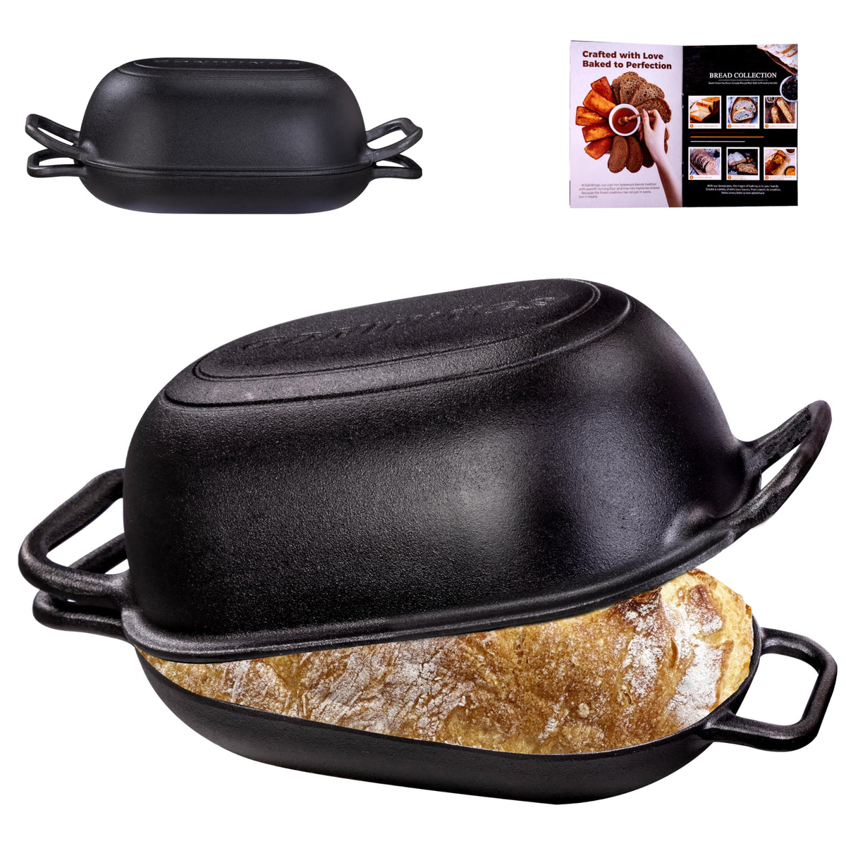 GdnWings front view showing oval Dutch oven and lid, highlights even baking