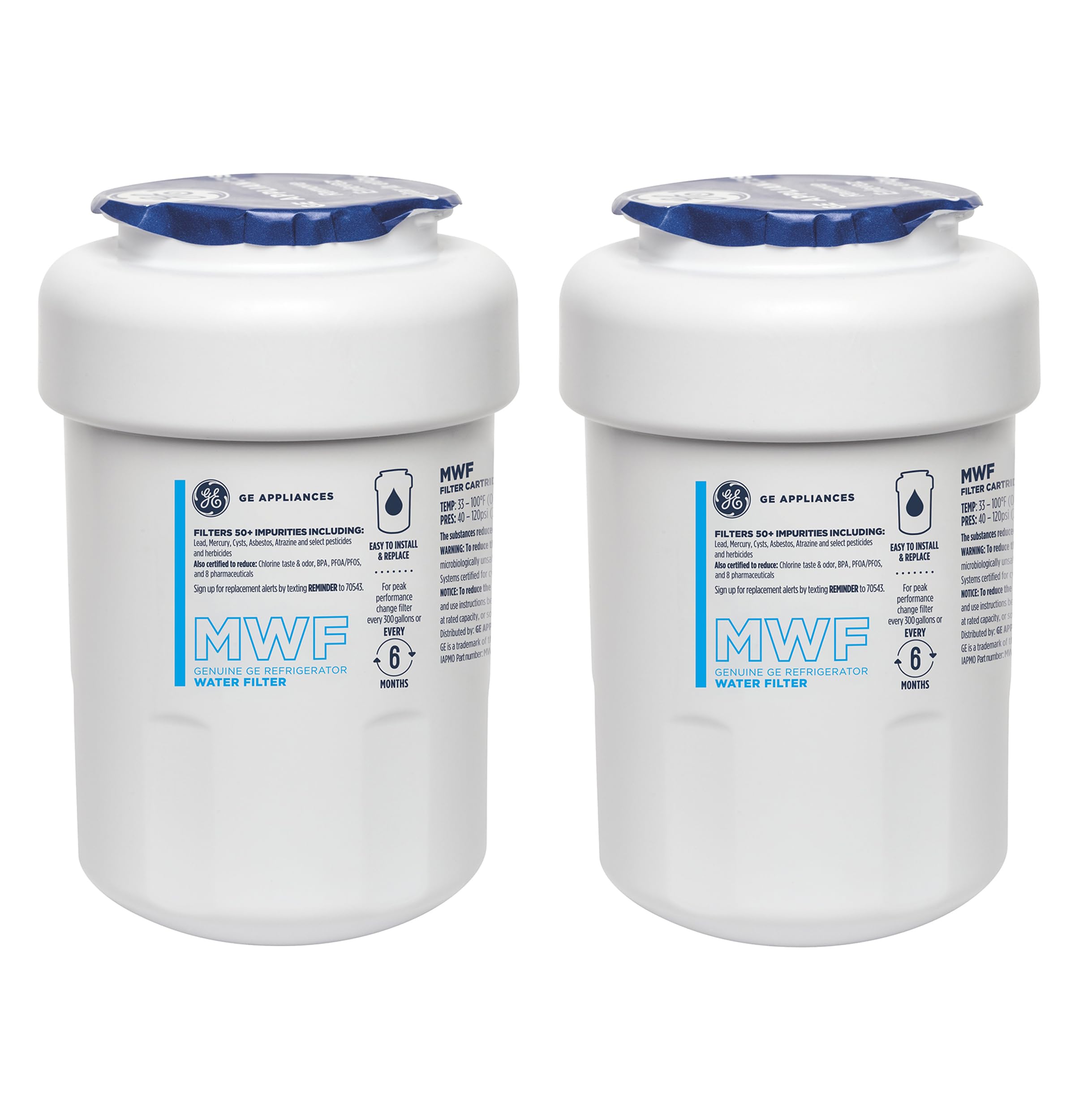 GE MWF front packaging showing 2-pack and model for easy replacement benefit