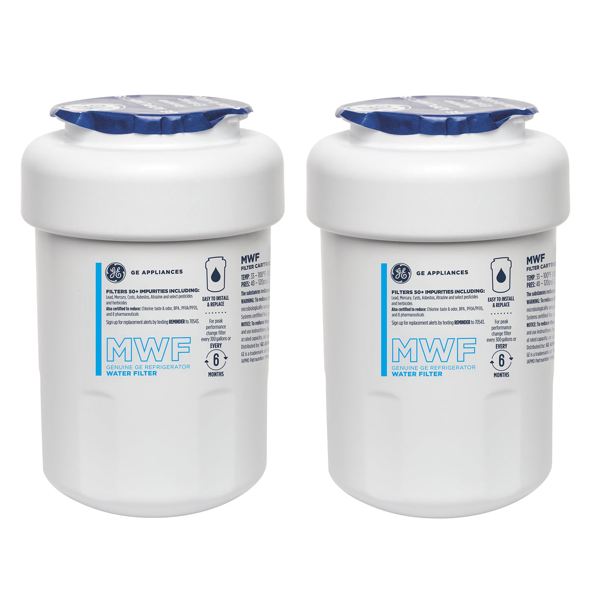 GE MWF front packaging showing 2-pack and model for easy replacement benefit