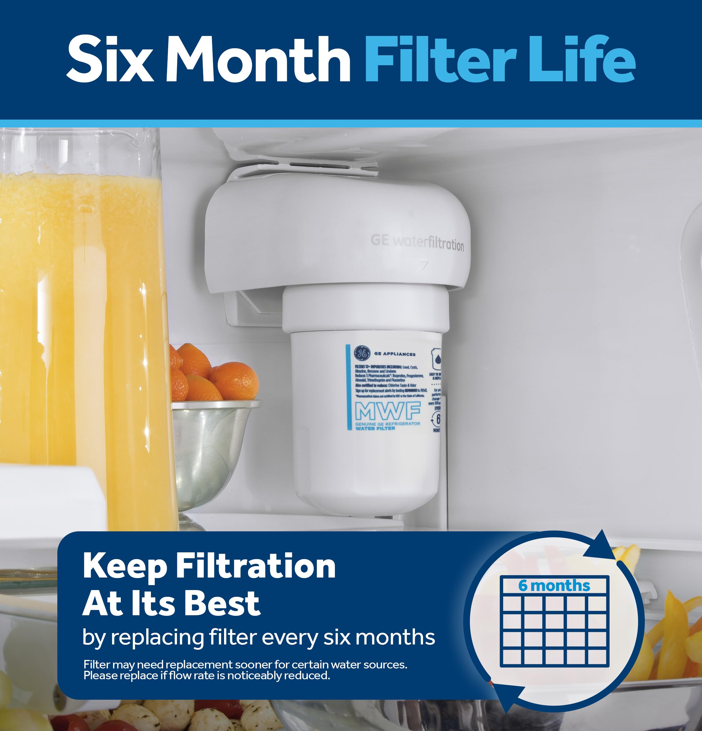 GE MWF in kitchen with pitcher showing clear water and everyday convenience benefit