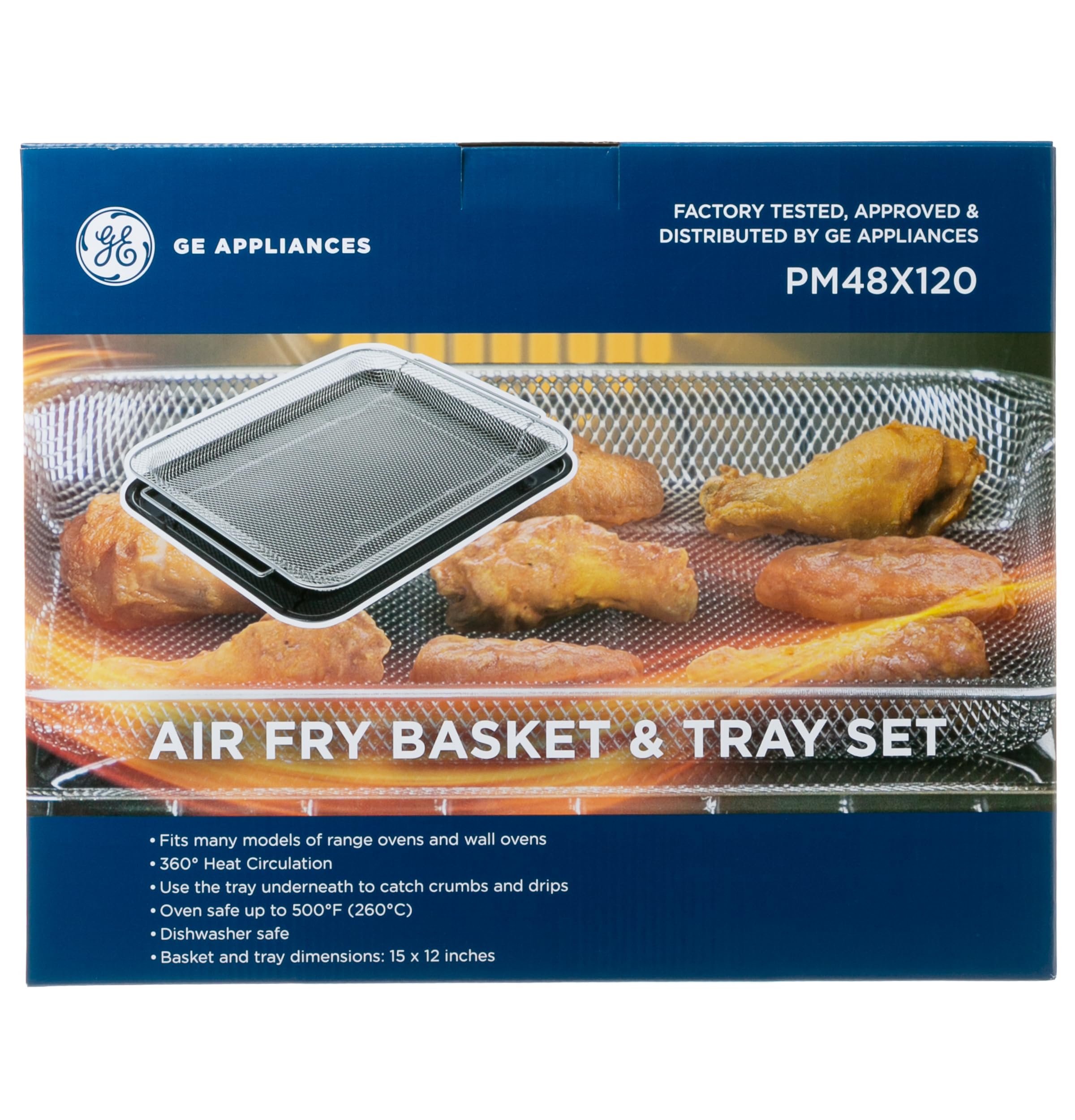 GE basket loaded with crispy wings demonstrating even browning and family portion benefit