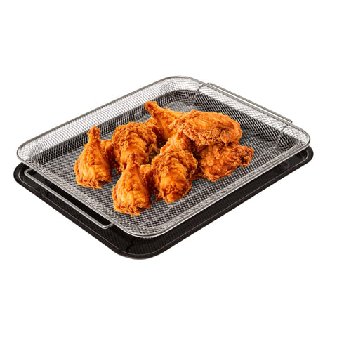 GE air fry basket and tray front view showing sturdy construction and capacity benefit