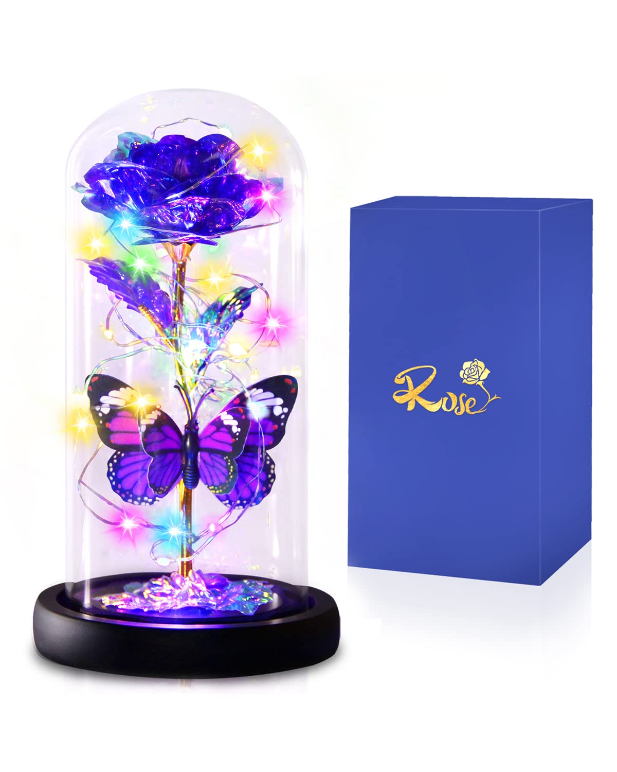 Gee Hut front view glass dome displaying purple preserved rose and soft LED glow
