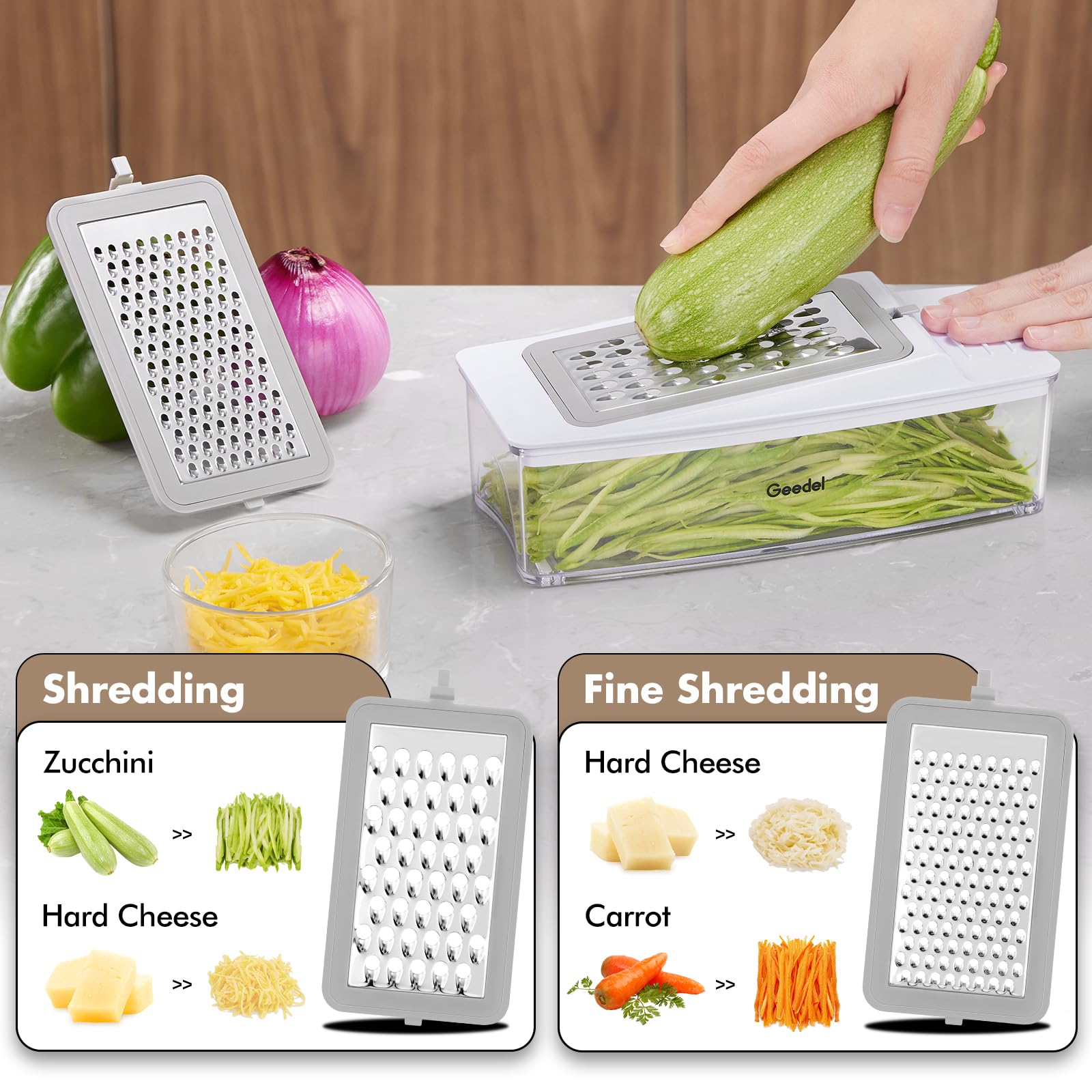 Geedel container filled with chopped vegetables, demonstrating large 1.2 L capacity