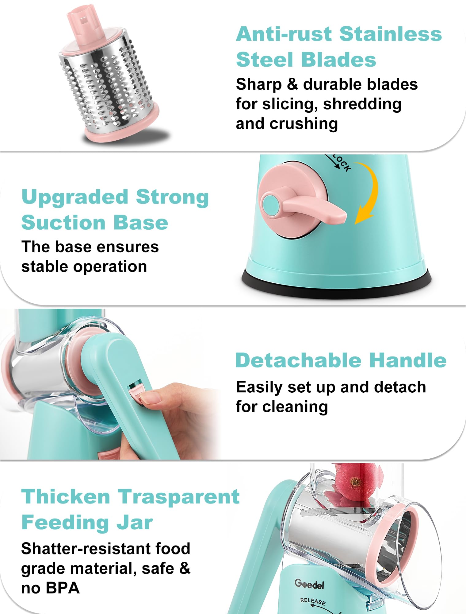 Geedel five interchangeable drums lined up for versatile kitchen tasks