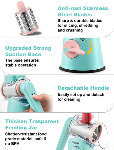 Geedel five interchangeable drums lined up for versatile kitchen tasks