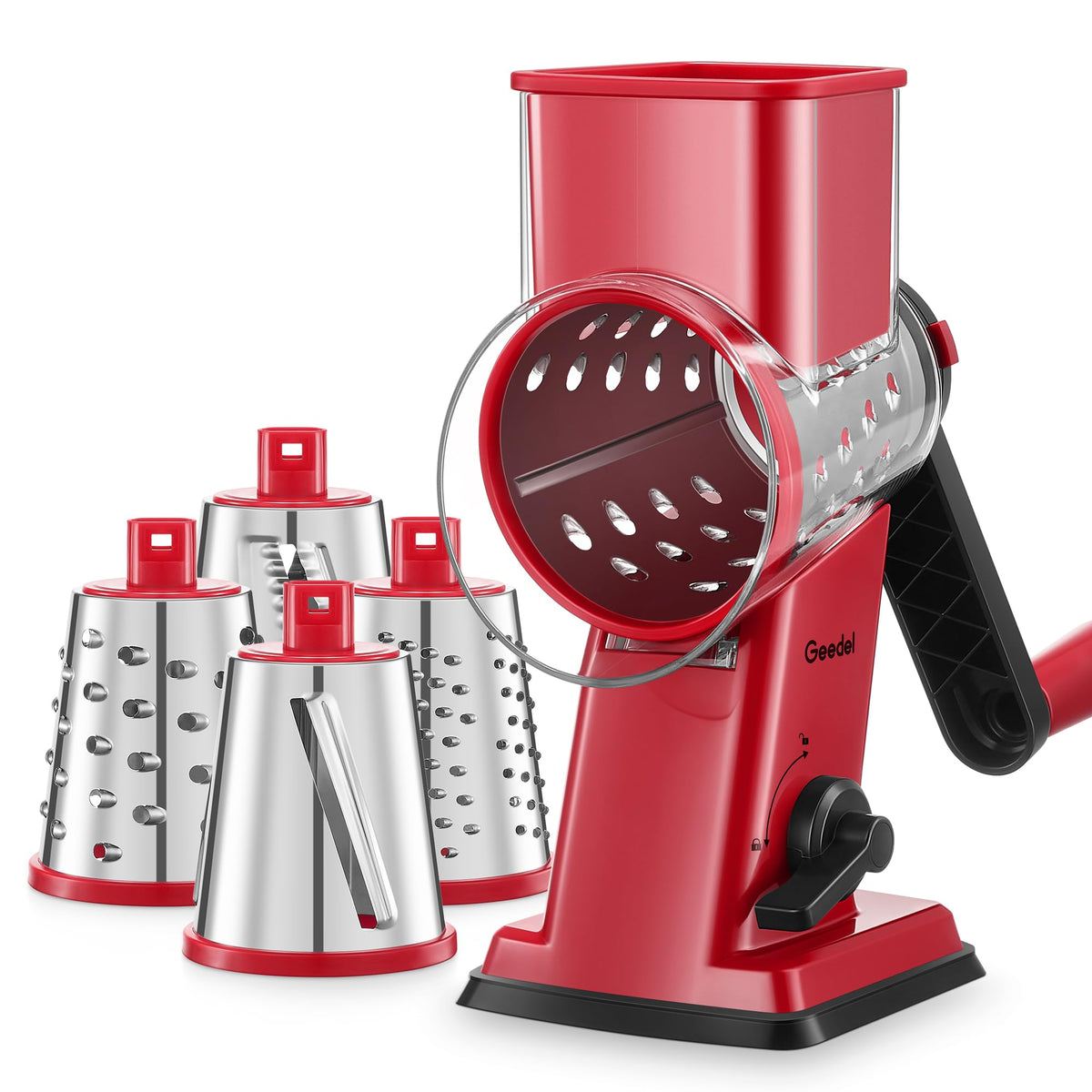 Geedel front view grater showing full unit and wide feed throat for faster prep