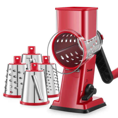 Geedel front view grater showing full unit and wide feed throat for faster prep