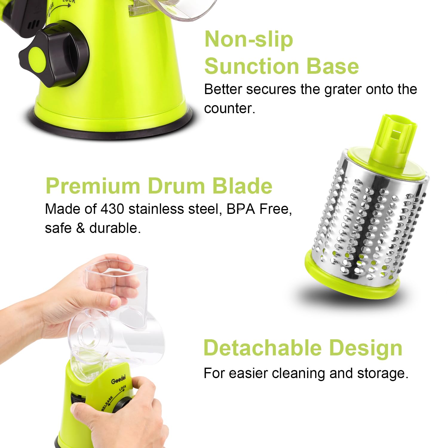 Geedel grater in use shredding cheese quickly for fresh toppings