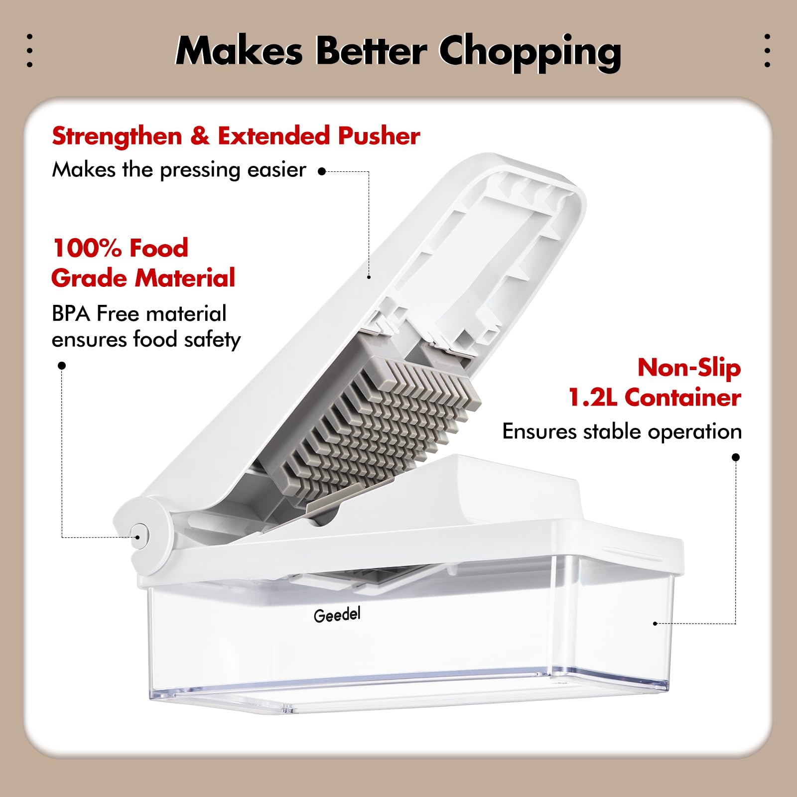 Geedel hand press detail with textured grip, providing safer comfortable operation