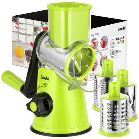 Geedel rotary grater front view showing compact design and quick shredding benefit