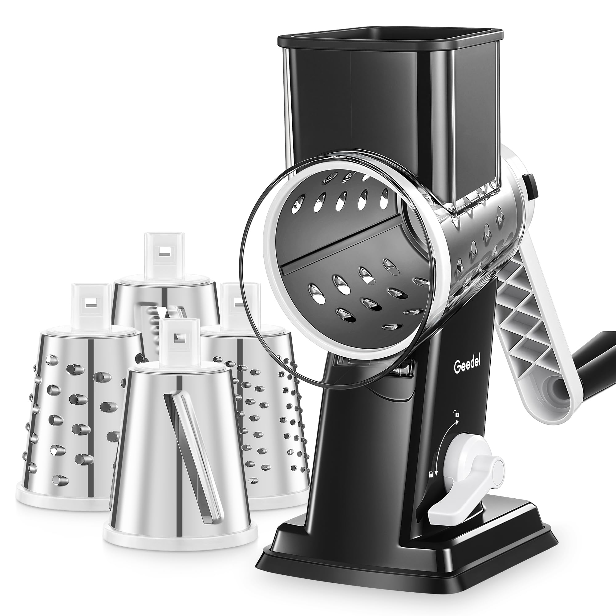 Geedel front view of rotary grater showing compact countertop benefit