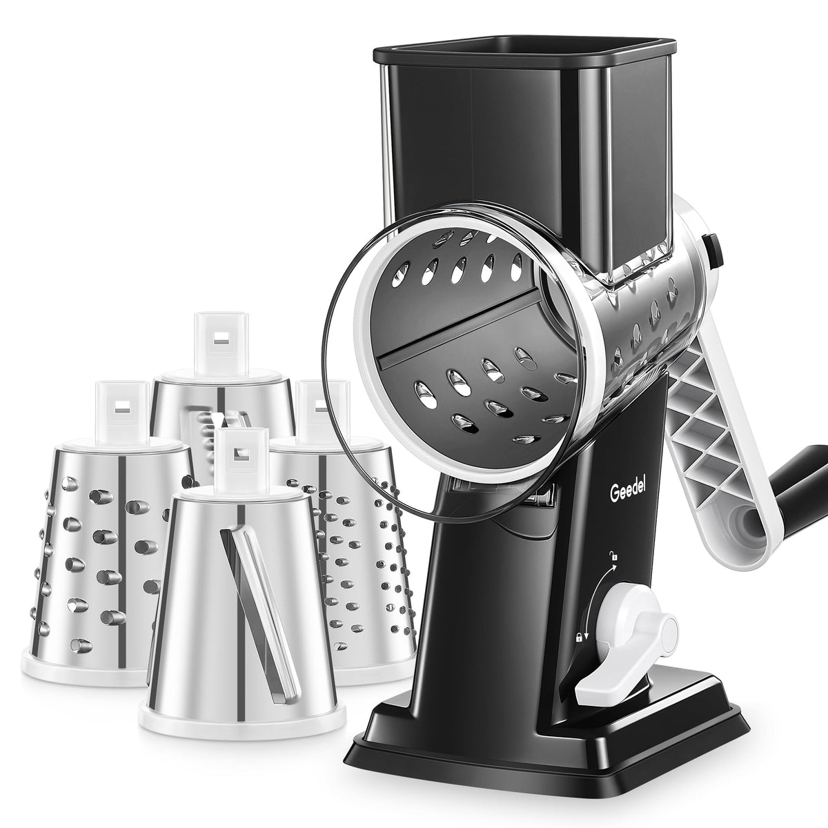 Geedel front view of rotary grater showing compact countertop benefit