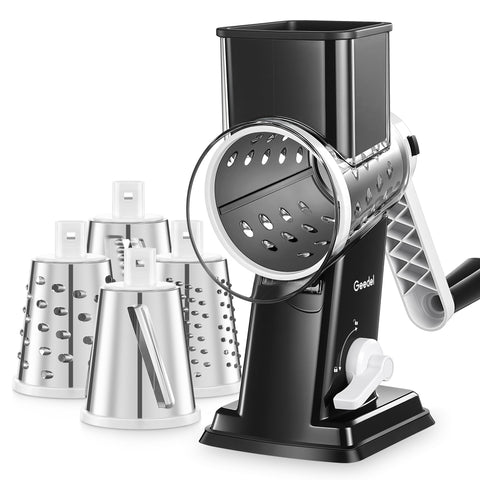 Geedel front view of rotary grater showing compact countertop benefit