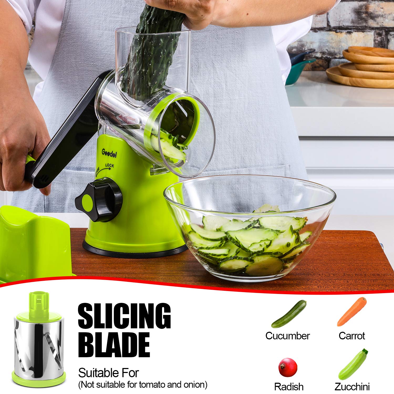 Geedel three stainless-steel drums displayed for shredding slicing and grinding versatility
