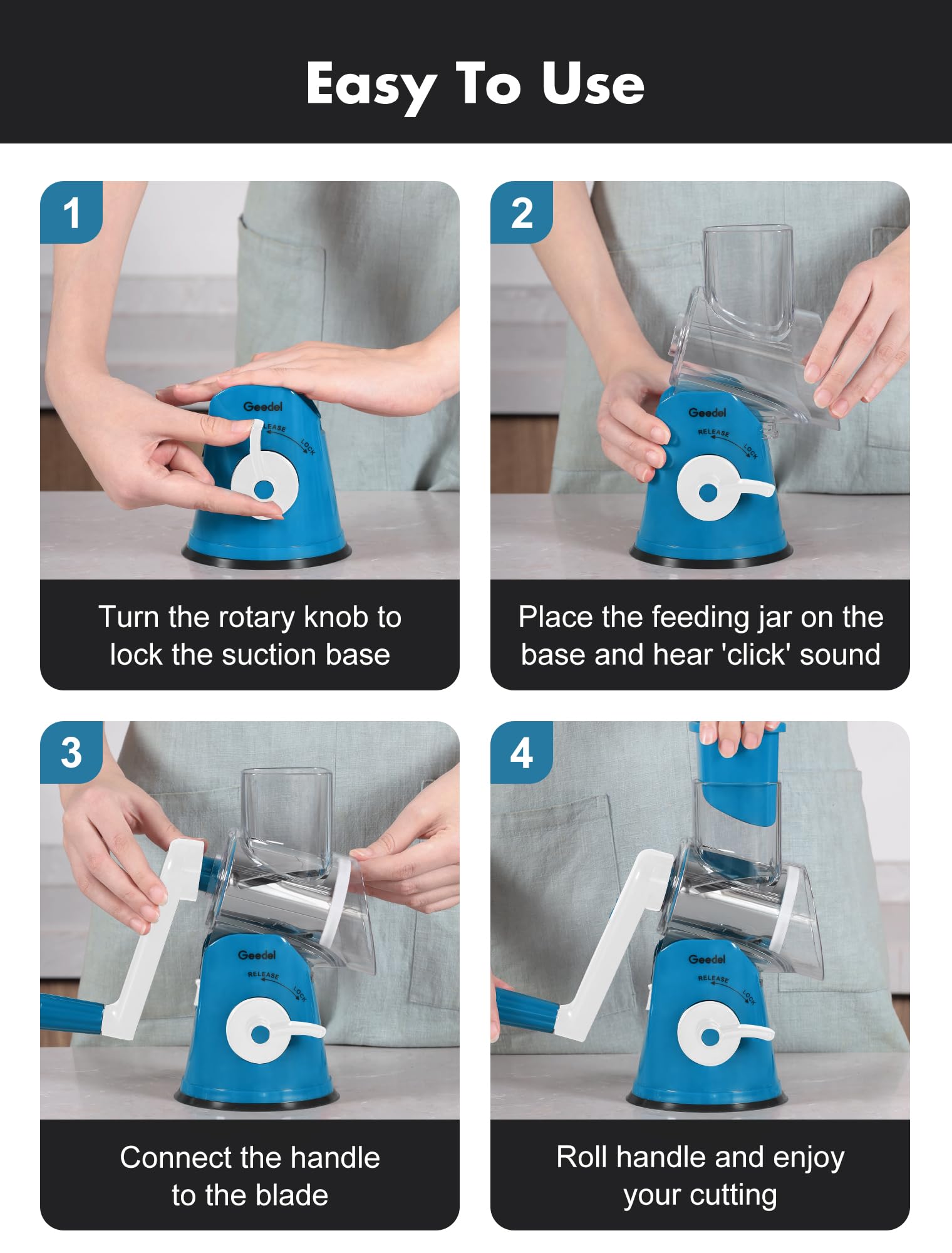 Geedel grater beside hand showing scale and portable, countertop-friendly size