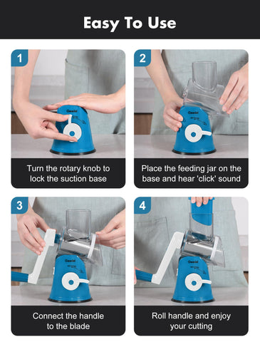 Geedel grater beside hand showing scale and portable, countertop-friendly size