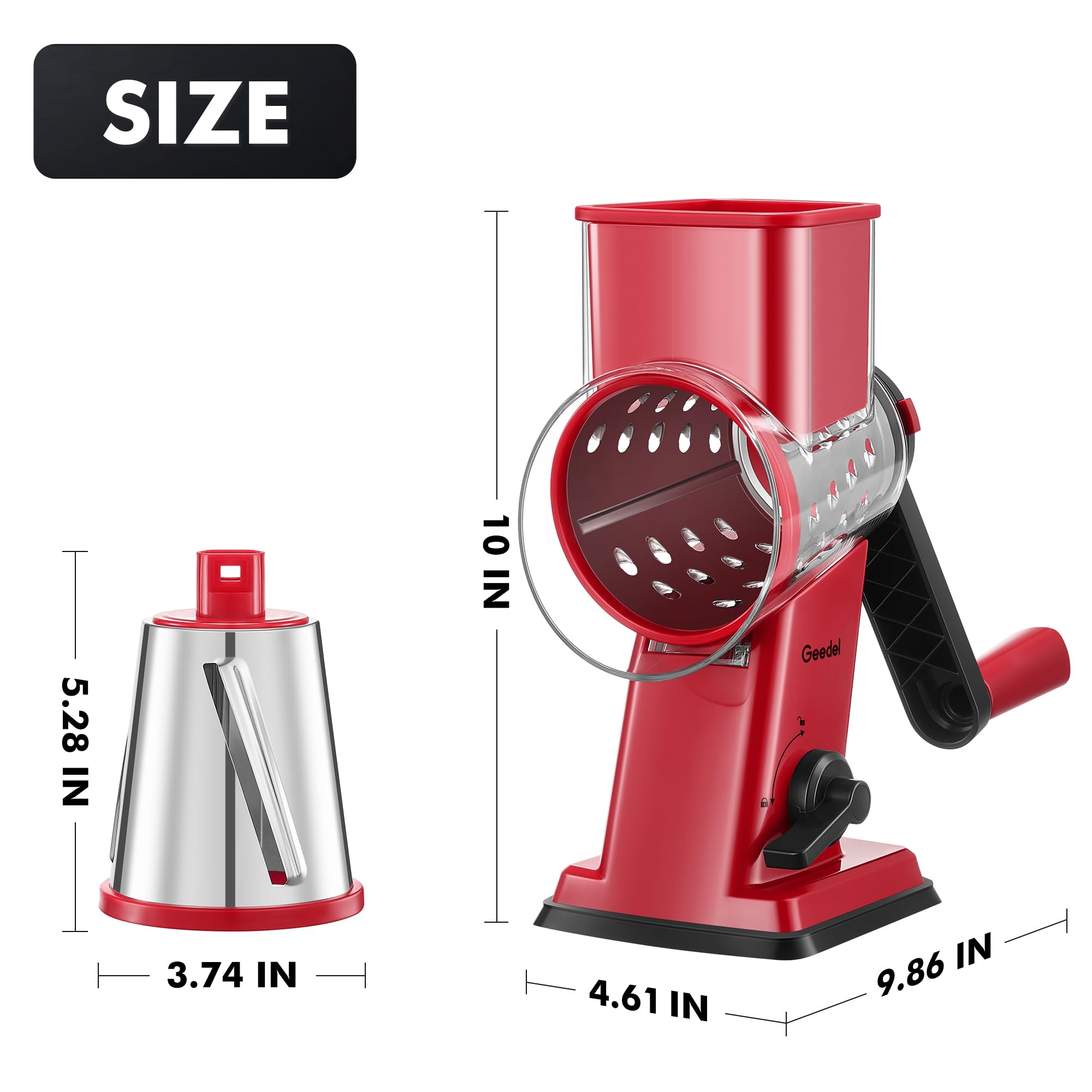 Geedel size scale with hand comparing unit dimensions for compact, counter-friendly fit