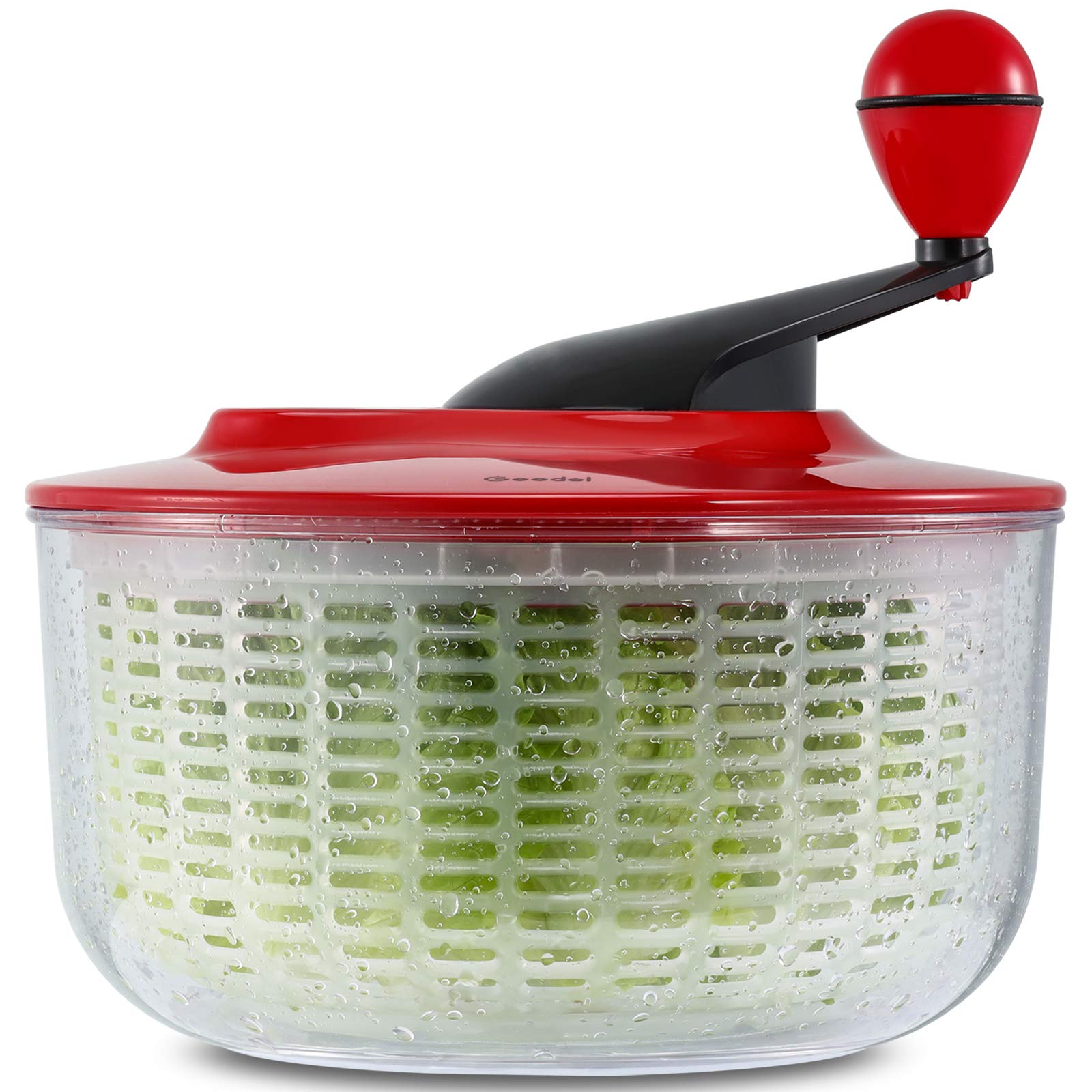 Geedel front view of salad spinner showing capacity and lid for quick drying