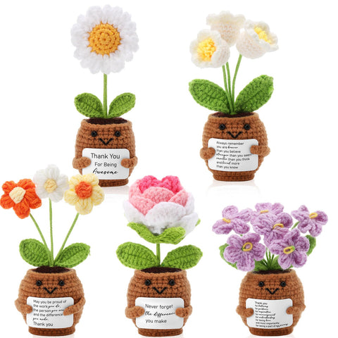 Geelin front view of six crochet flower pots showing colorful gift-ready display and cheer
