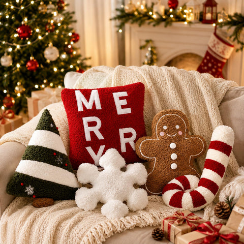 Geelin front packaging showing full five-piece holiday pillow set for easy gifting