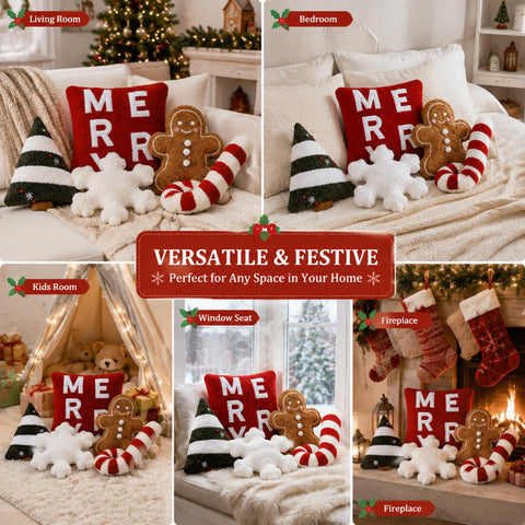 Geelin pillows styled on living room bench creating cozy holiday atmosphere
