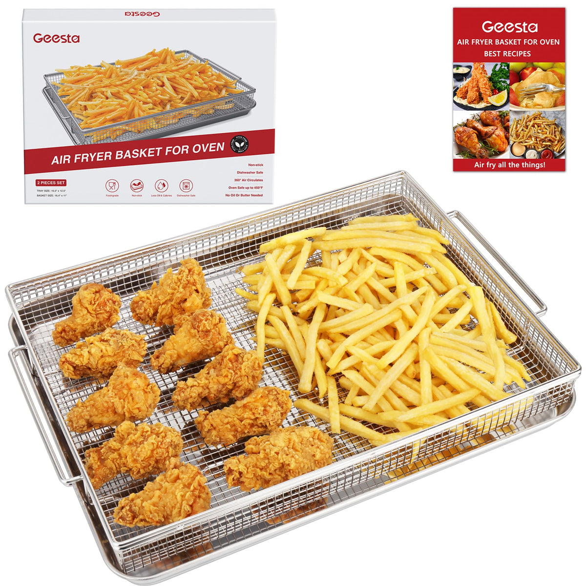 Geesta front view of the crisper tray set showing full contents and fit benefits