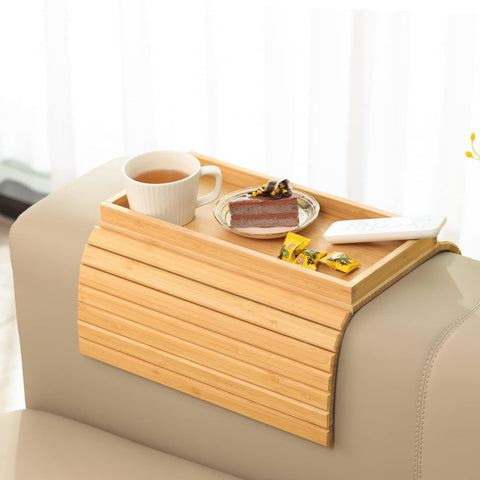 GEHE bamboo arm tray front view shows tidy surface and stable cup holder