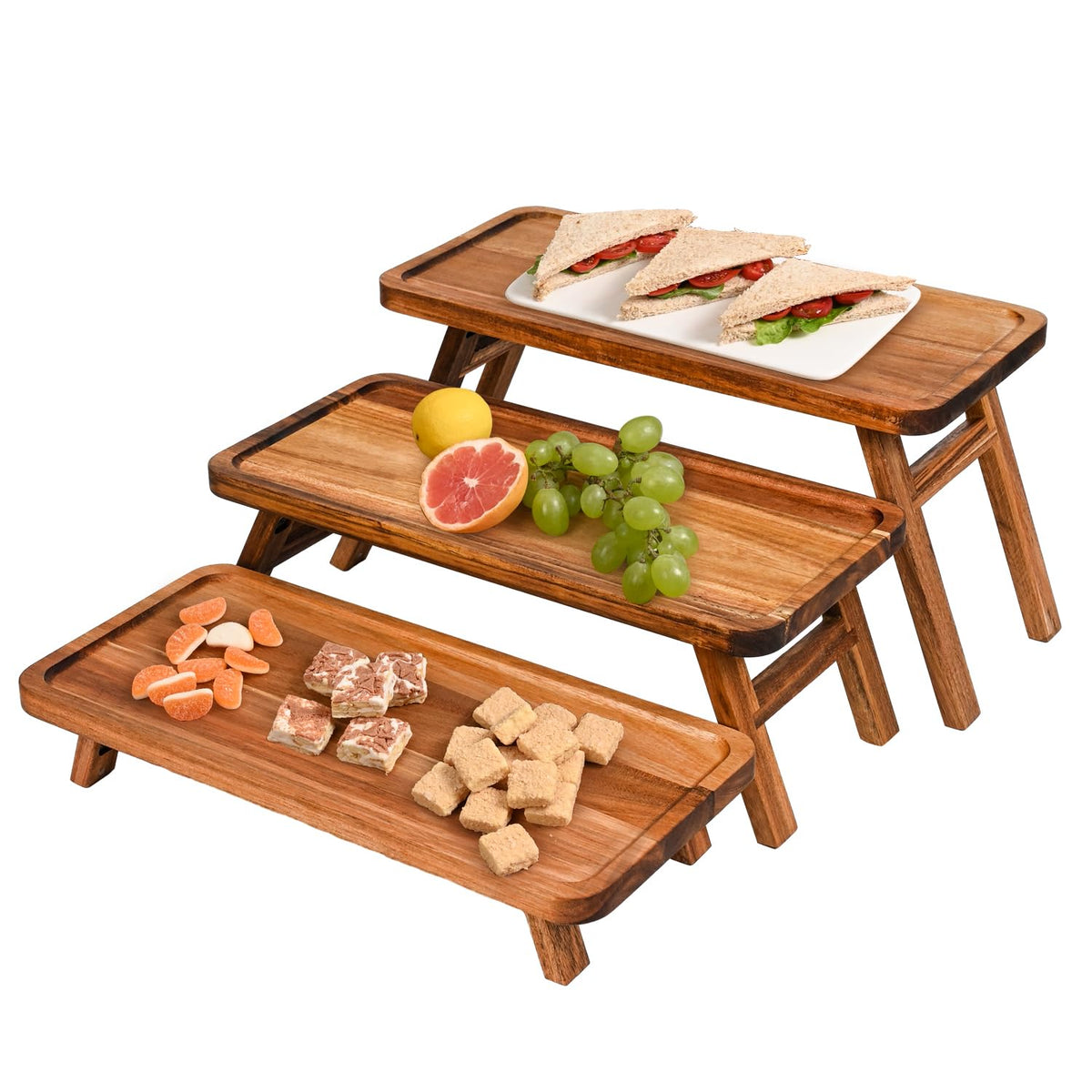 GEHE front view of 3-tier acacia serving tray showing elegant display and stability