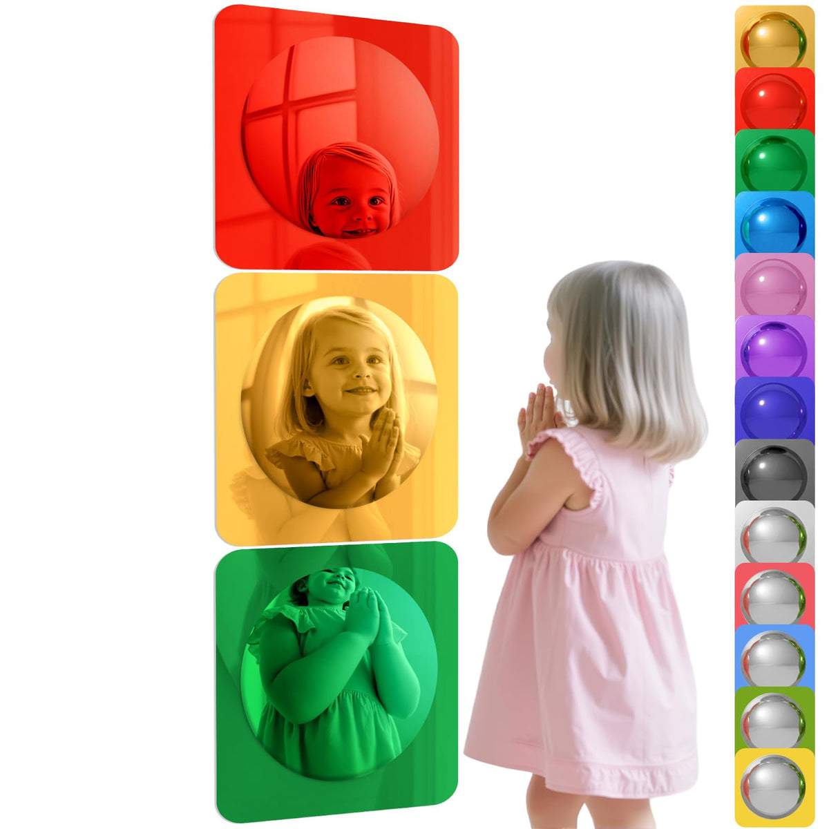 Geiserailie front view of three bubble mirrors showing colors and safe design