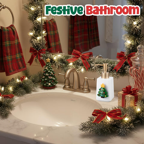 Gejoy dispenser on bathroom counter with seasonal ornament adding festive charm