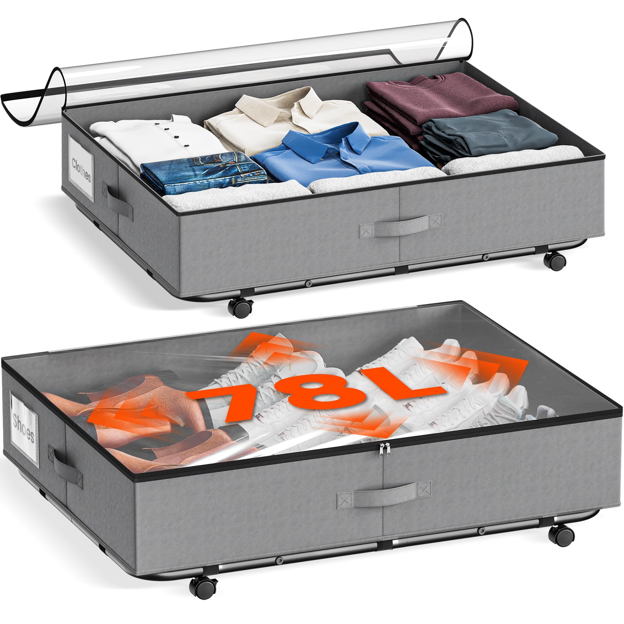 GEMWON front view of two underbed storage bins showing size and packaging benefit