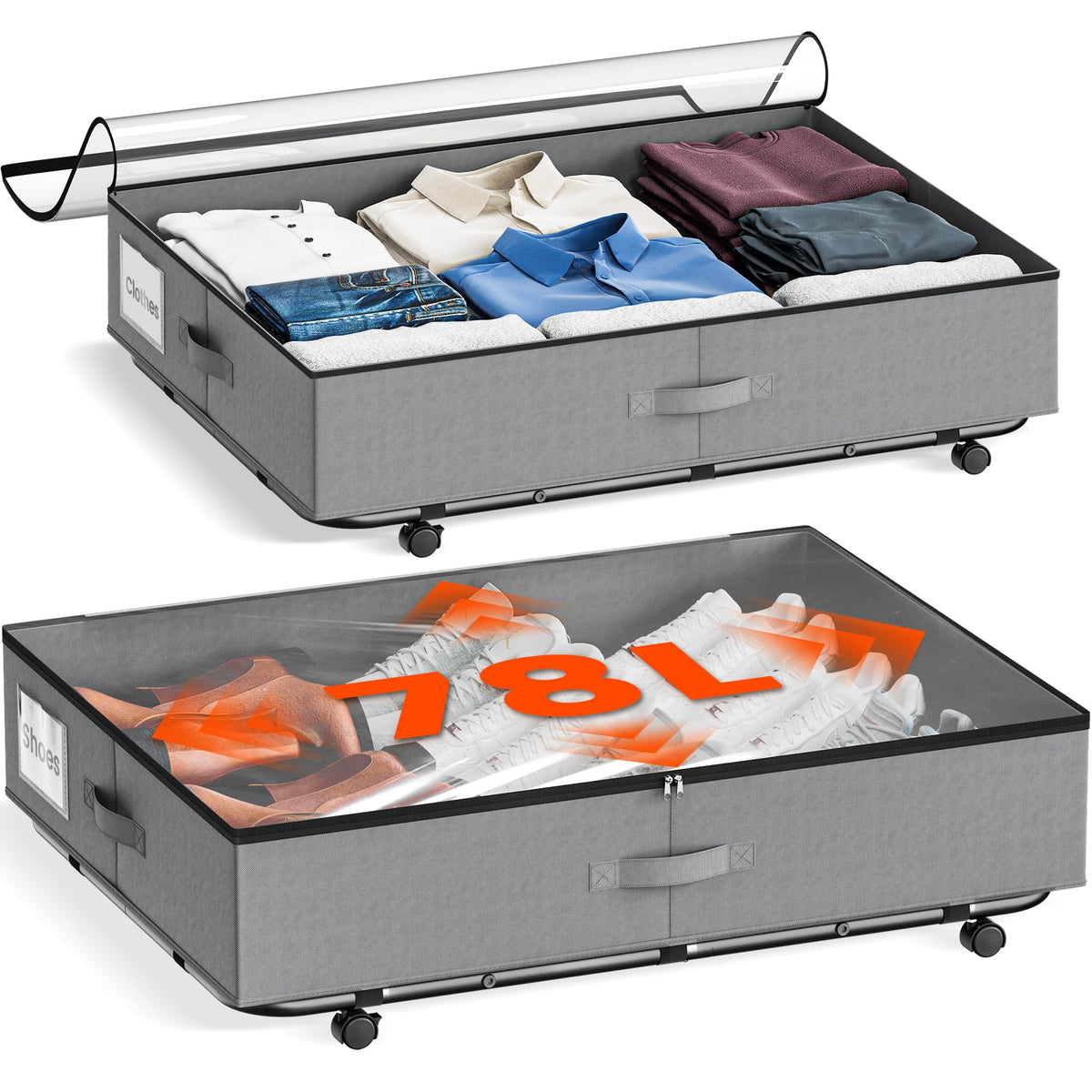 GEMWON front view of two underbed storage bins showing size and packaging benefit